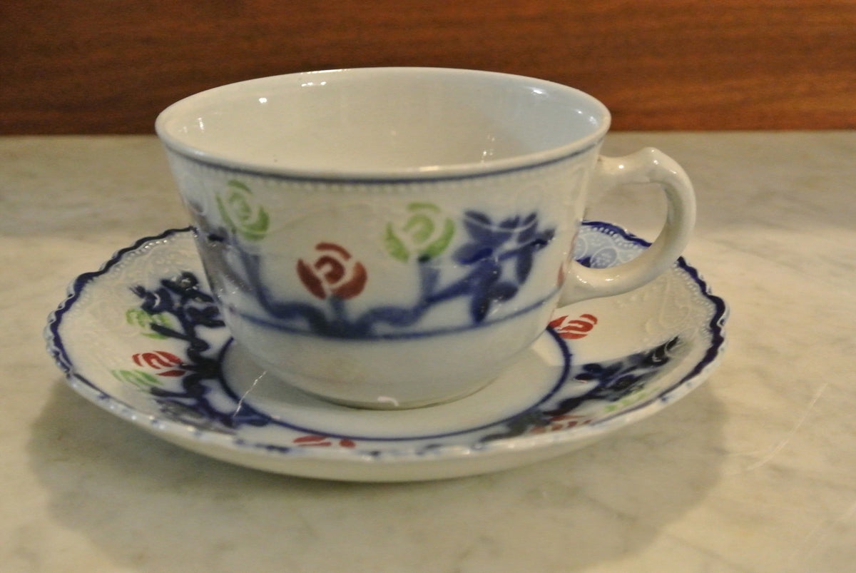 Vintage W.m. Adams & Co Crown Semi Porcelain Flow Blue Cup and Saucer