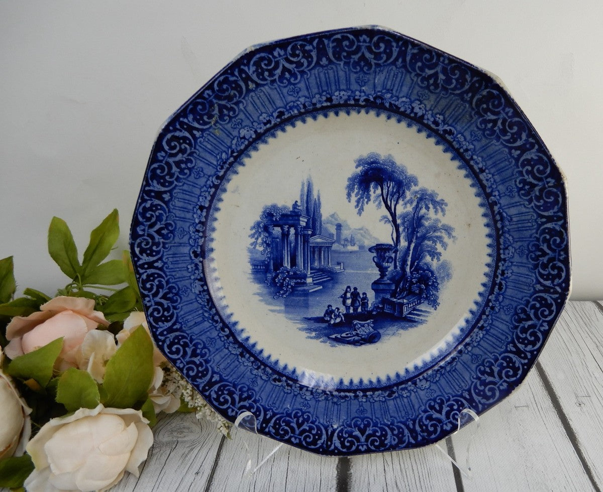 Antiq. Flow Blue Bristol Pottery "TEMPLE"~ 10" Plate William Fifield ca. 1810-55