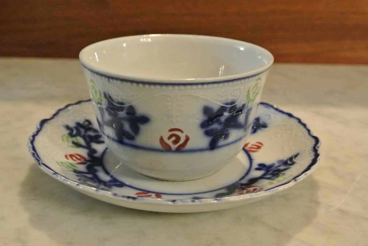 Vintage W.m. Adams & Co Crown Semi Porcelain Flow Blue Cup and Saucer
