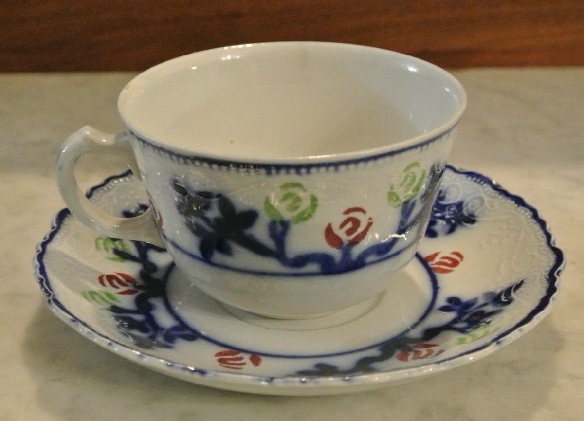 Vintage W.m. Adams & Co Crown Semi Porcelain Flow Blue Cup and Saucer