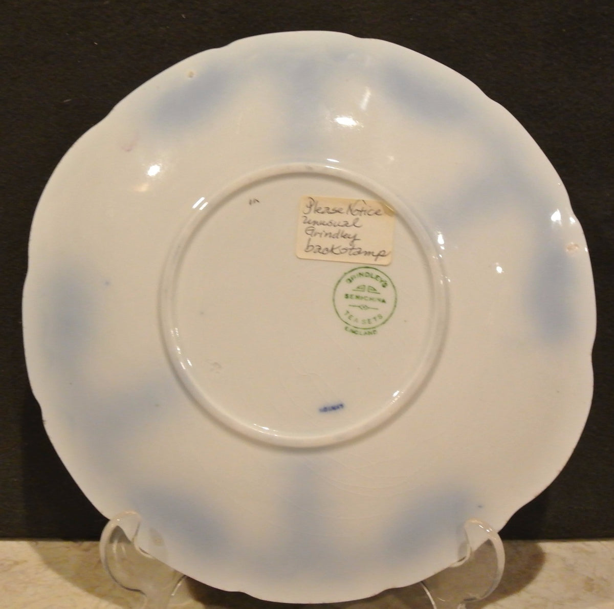 Antique Flow Blue Semi-China Grindley's Lynton Plate W/ Unusual Back Stamp