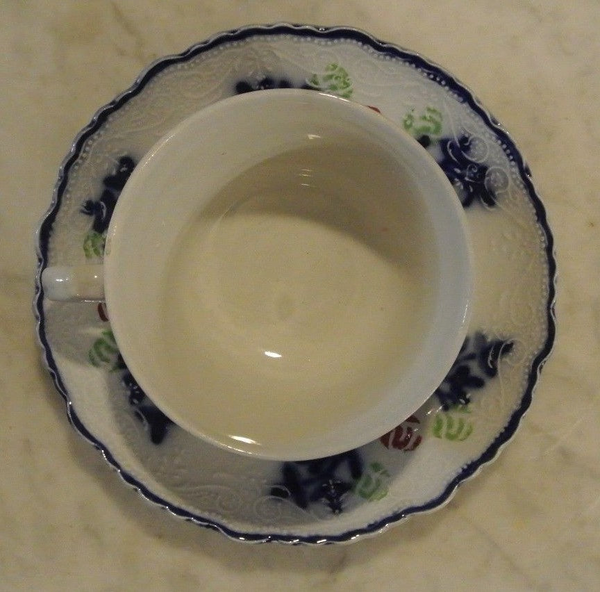Vintage W.m. Adams & Co Crown Semi Porcelain Flow Blue Cup and Saucer
