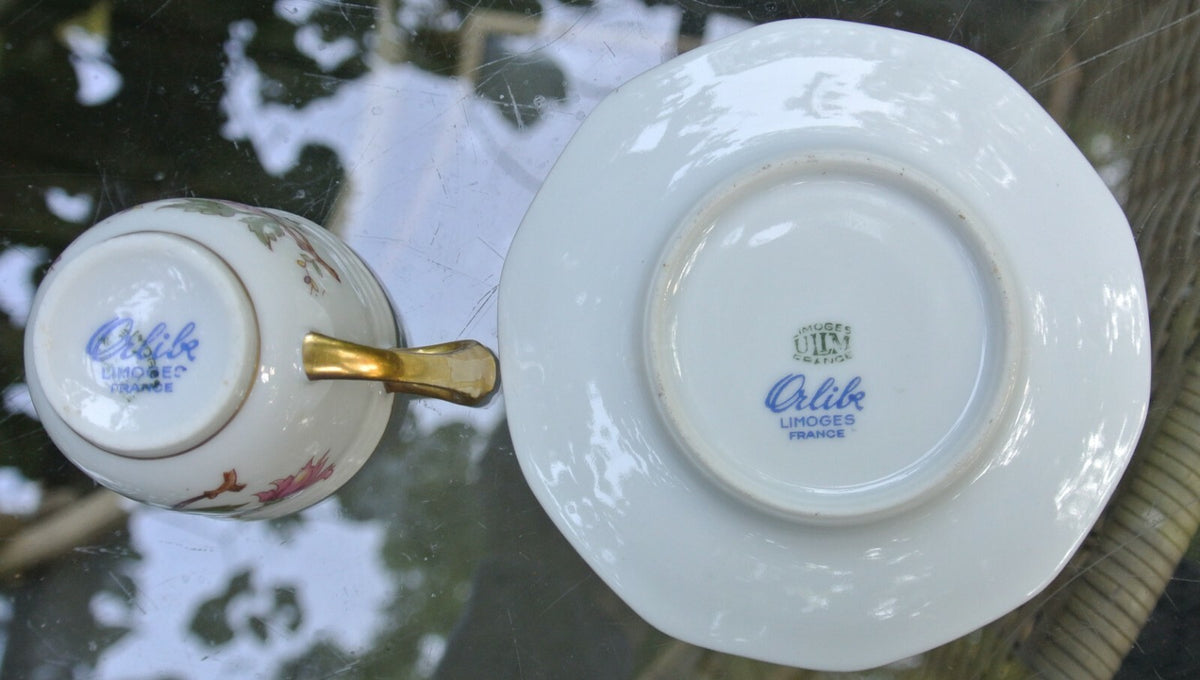 Vintage Olik Limoges France ULIM Bird and Floral Design Demitasse Cup and Saucer