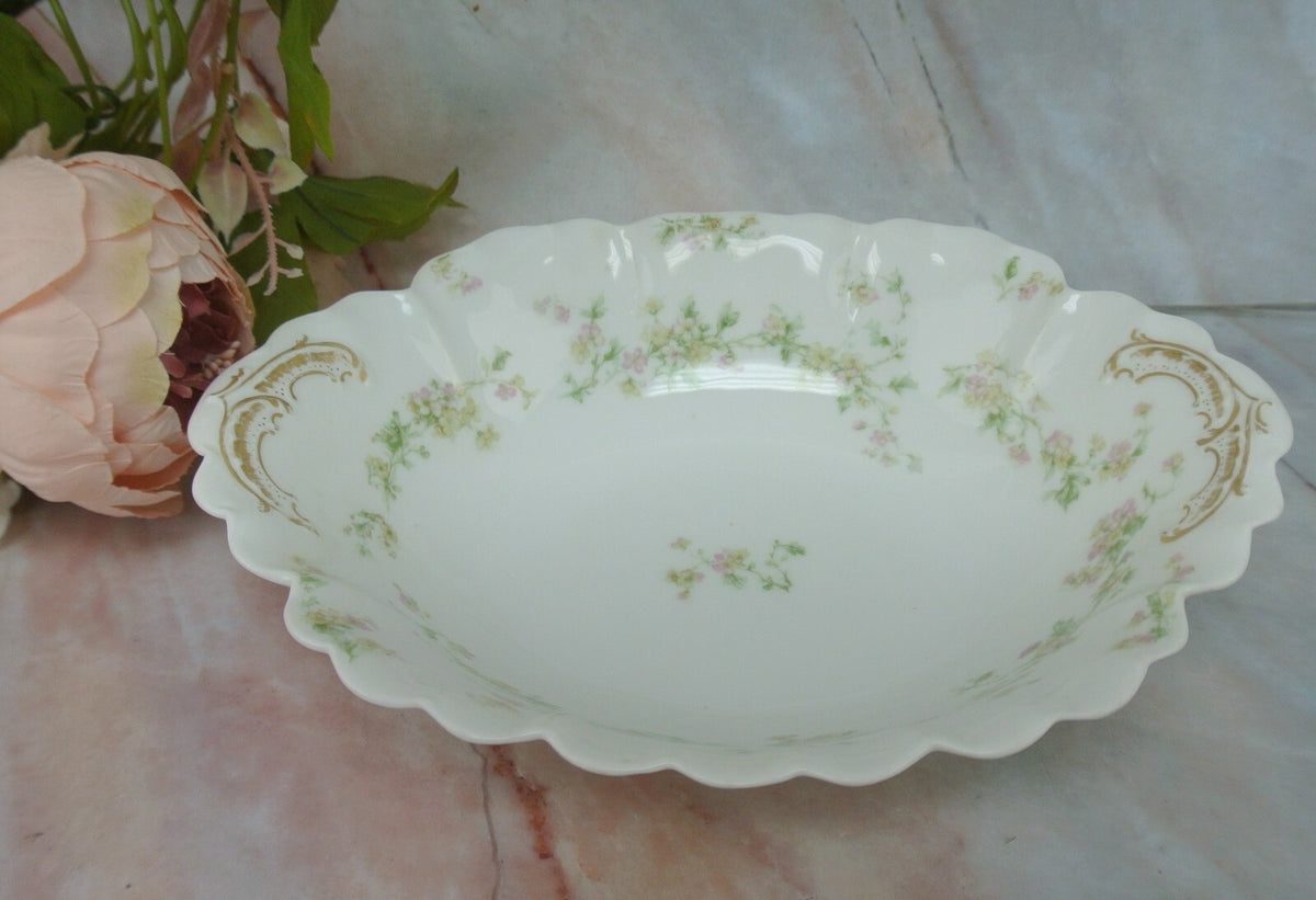Vintage Haviland Limoges Green and Pink Flowers Oval Vegetable Bowl Schleiger 74
