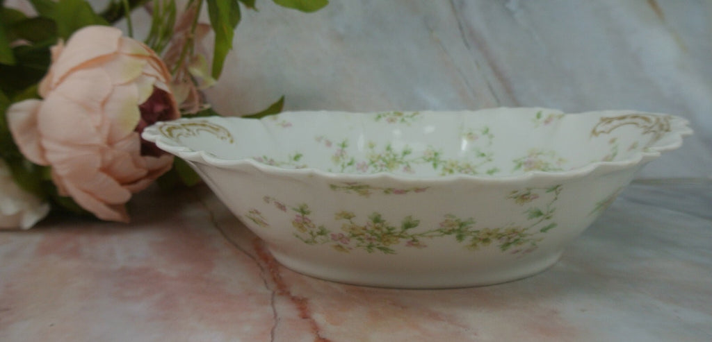 Vintage Haviland Limoges Green and Pink Flowers Oval Vegetable Bowl Schleiger 74