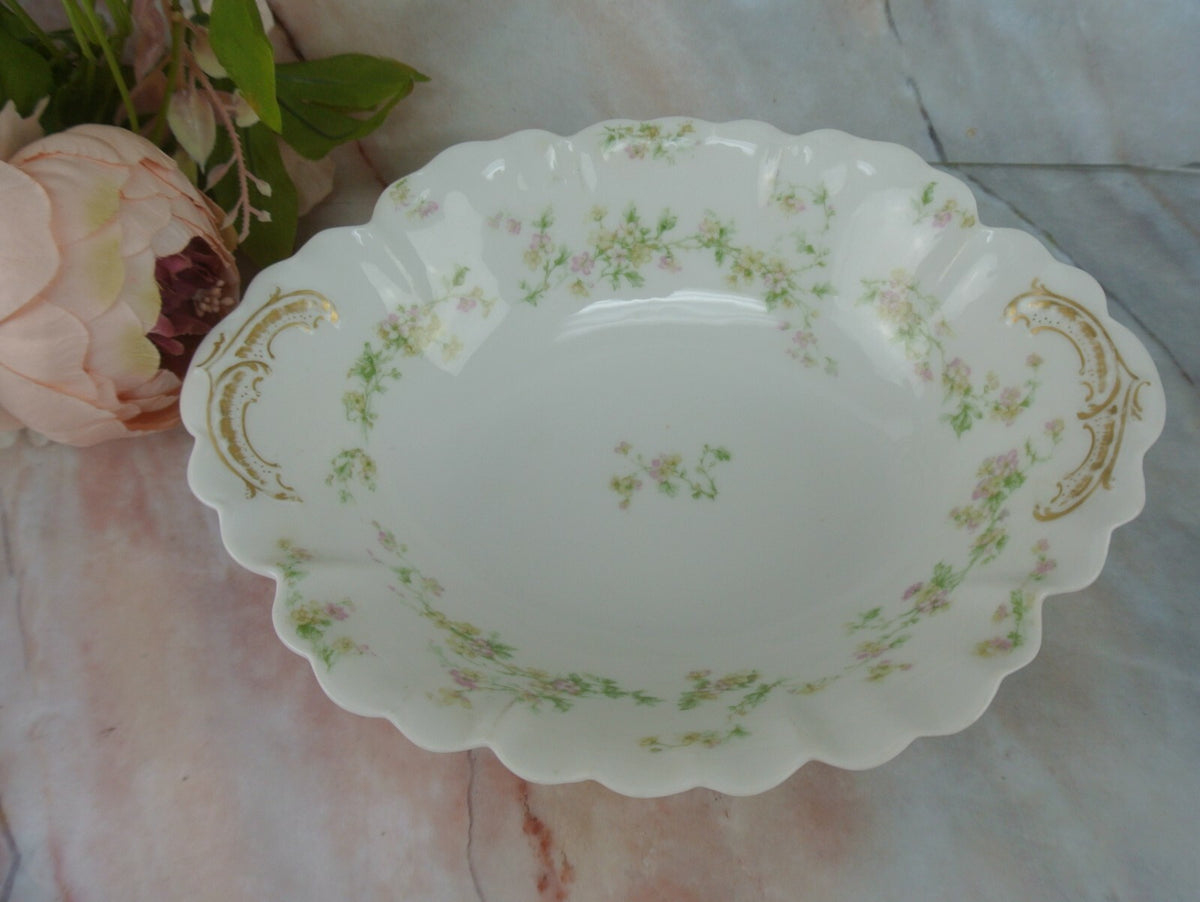 Vintage Haviland Limoges Green and Pink Flowers Oval Vegetable Bowl Schleiger 74