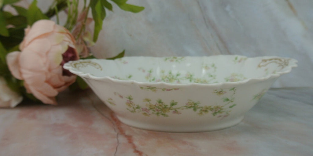 Vintage Haviland Limoges Green and Pink Flowers Oval Vegetable Bowl Schleiger 74
