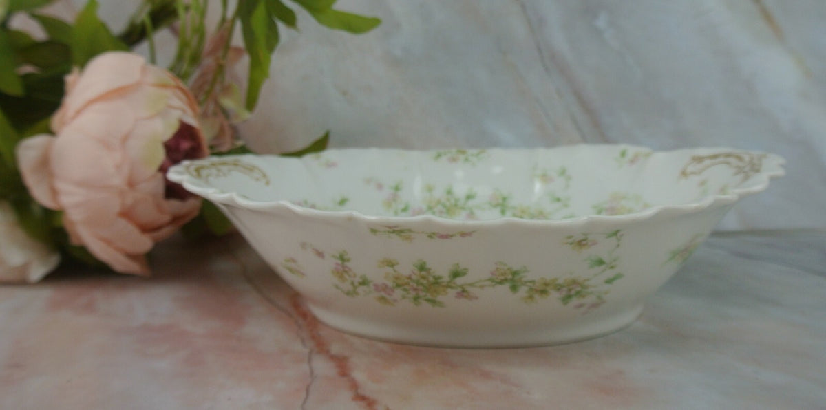 Vintage Haviland Limoges Green and Pink Flowers Oval Vegetable Bowl Schleiger 74