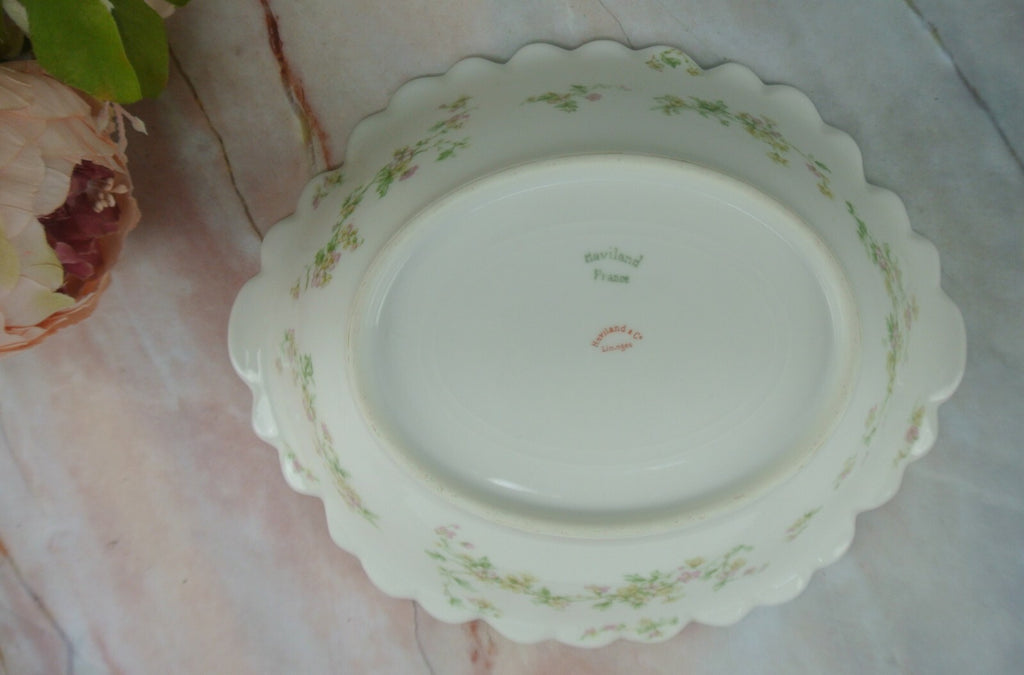 Vintage Haviland Limoges Green and Pink Flowers Oval Vegetable Bowl Schleiger 74