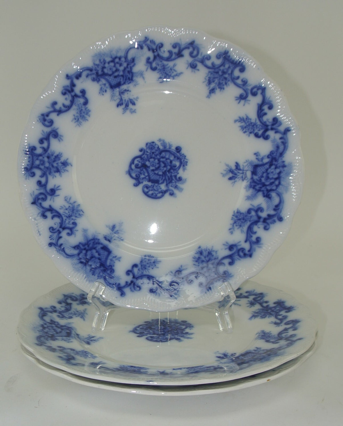 Set of 3 Antique Flow Blue Royal Semi- Porcelain "Martha" Pattern England 8-3/4"