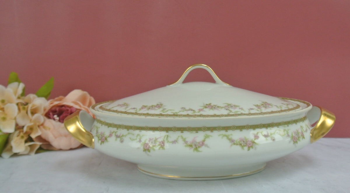 Vintage Theodore Haviland Limoges Gold Floral White Covered Vegatable Oval Bowl