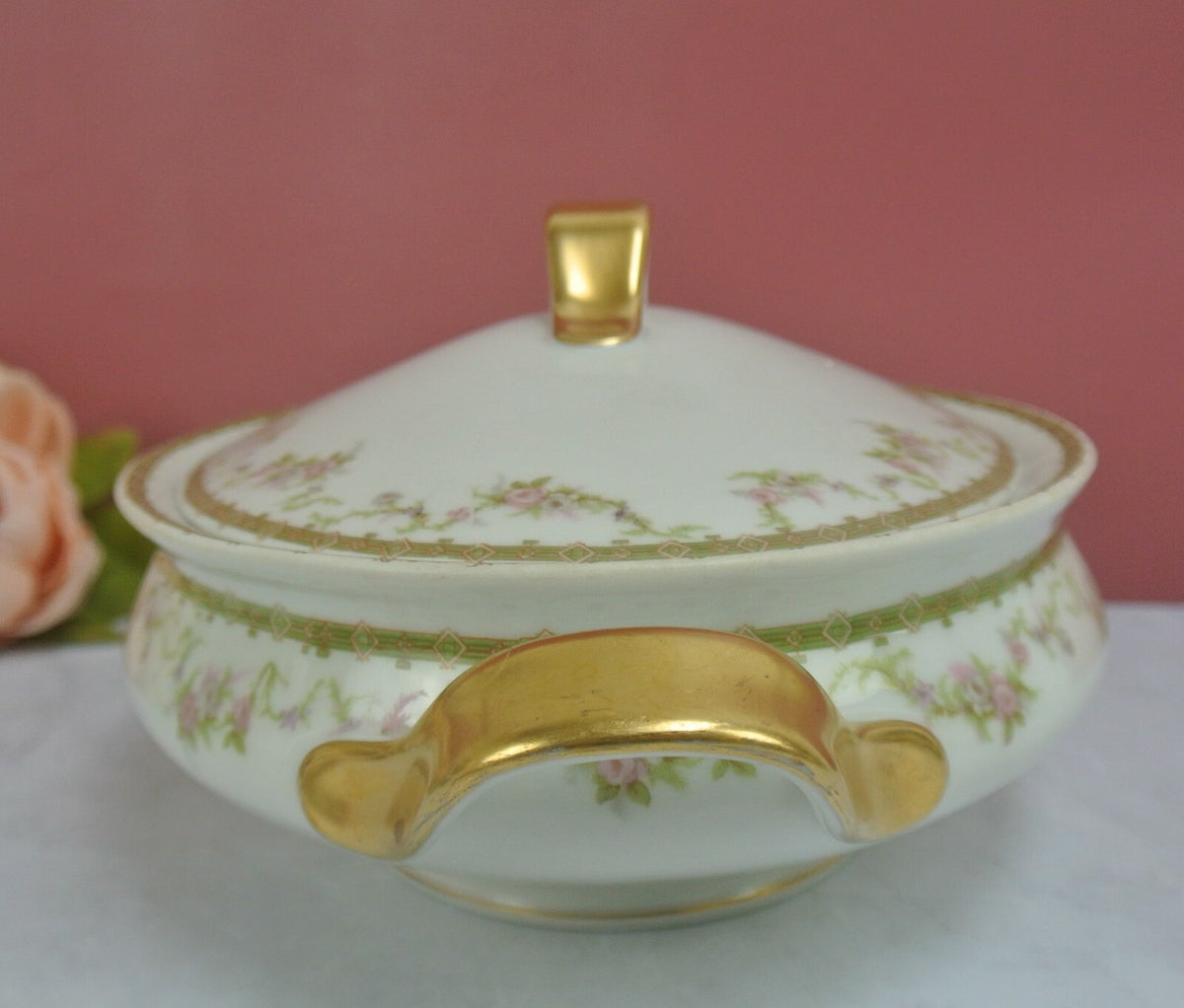 Vintage Theodore Haviland Limoges Gold Floral White Covered Vegatable Oval Bowl