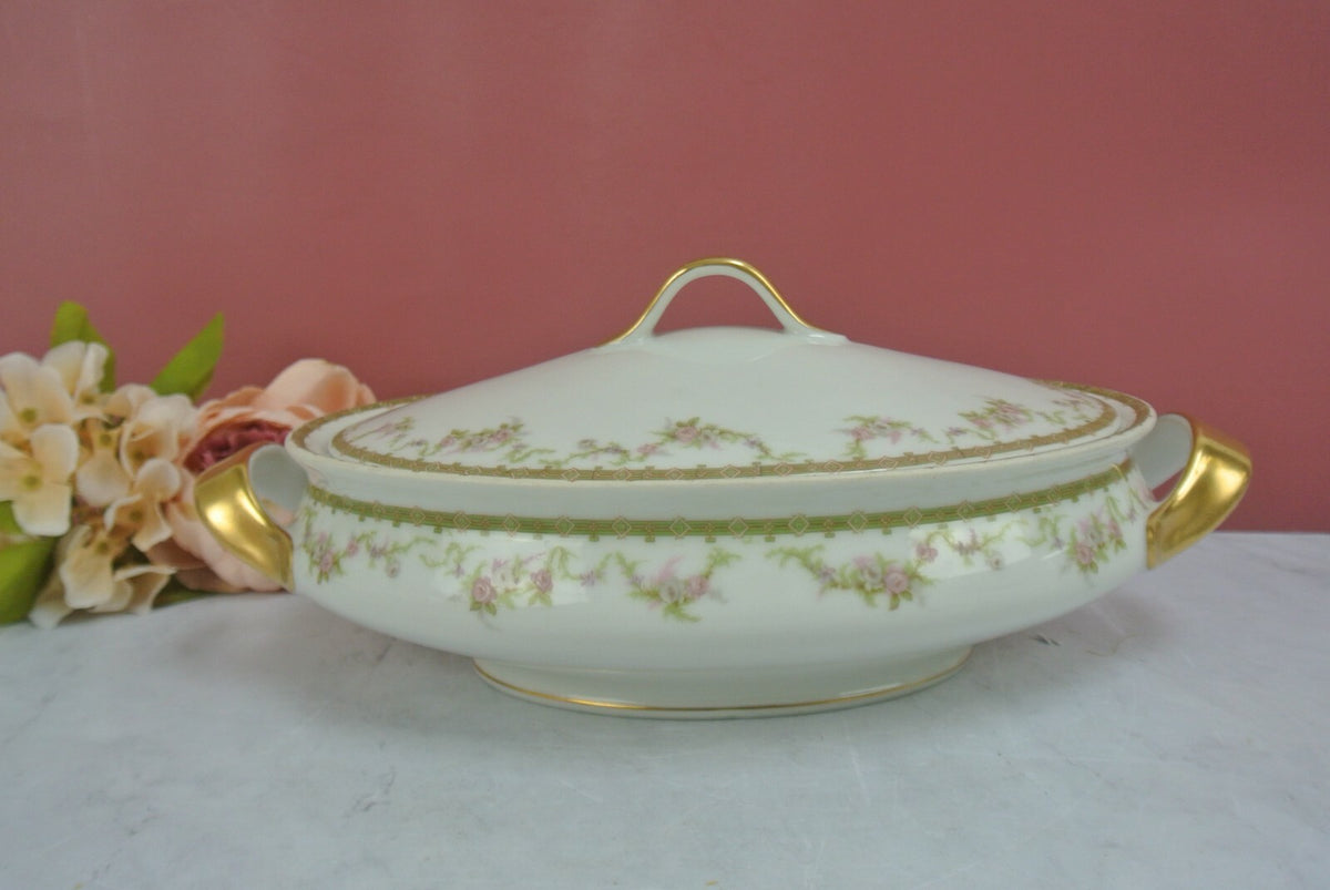 Vintage Theodore Haviland Limoges Gold Floral White Covered Vegatable Oval Bowl
