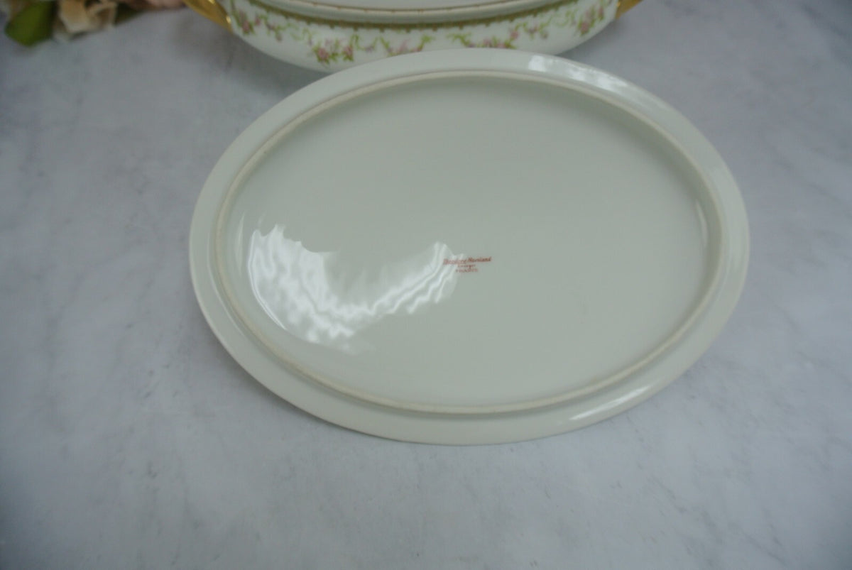 Vintage Theodore Haviland Limoges Gold Floral White Covered Vegatable Oval Bowl