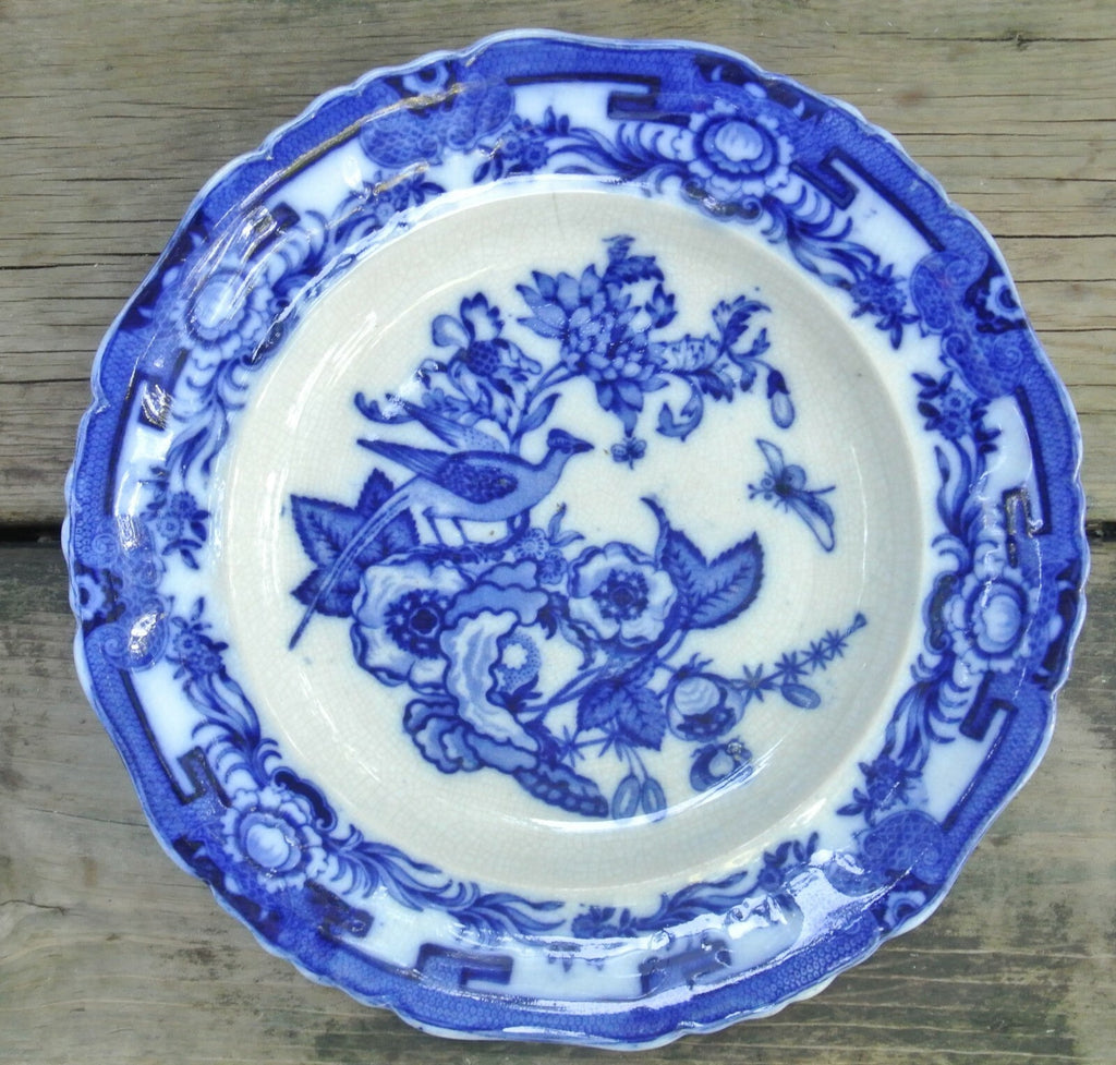 Antique Flow Blue Pheasant 'Prussian' Shape  Mark A. Bro Soup Plate