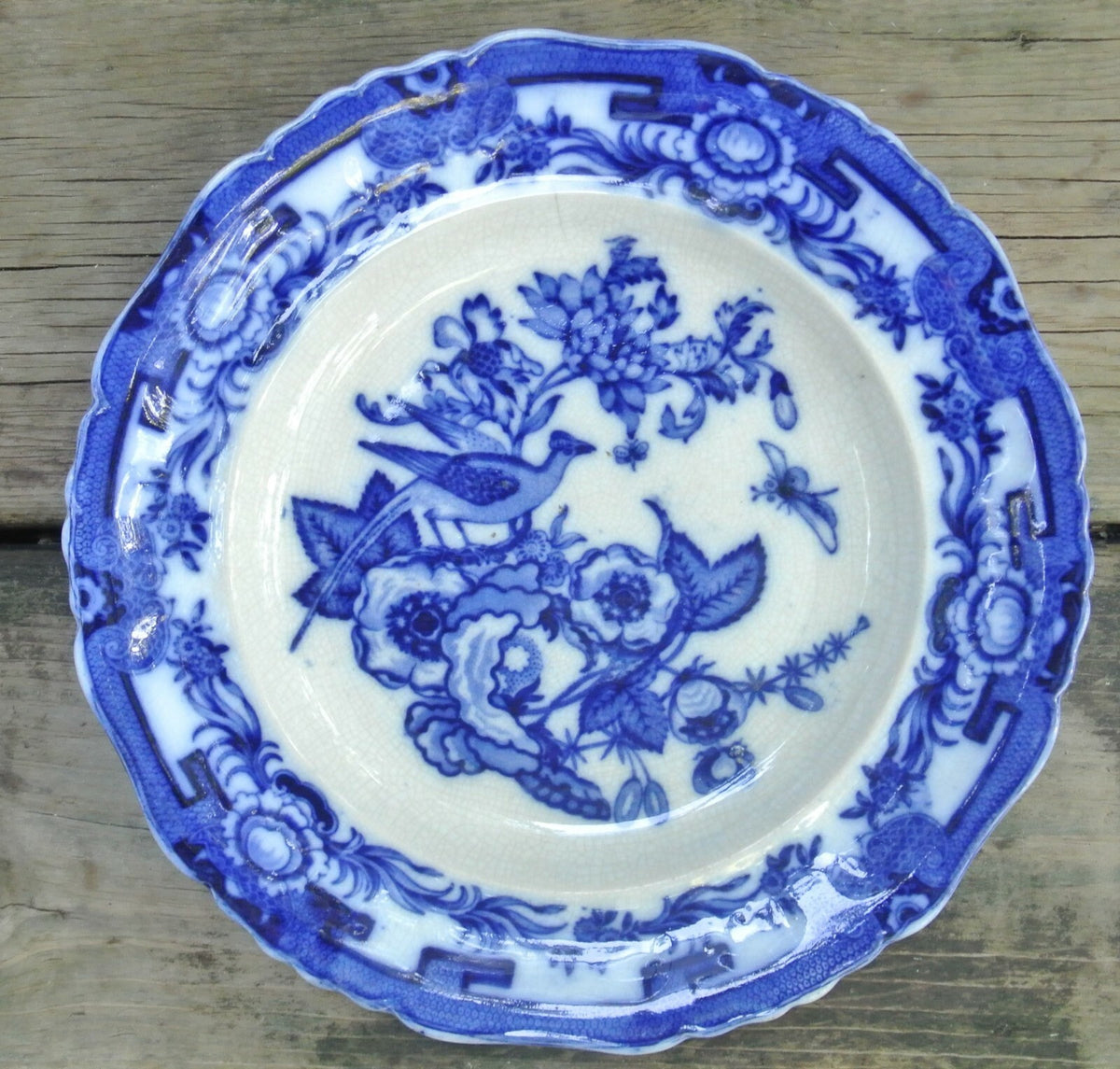 Antique Flow Blue Pheasant 'Prussian' Shape  Mark A. Bro Soup Plate