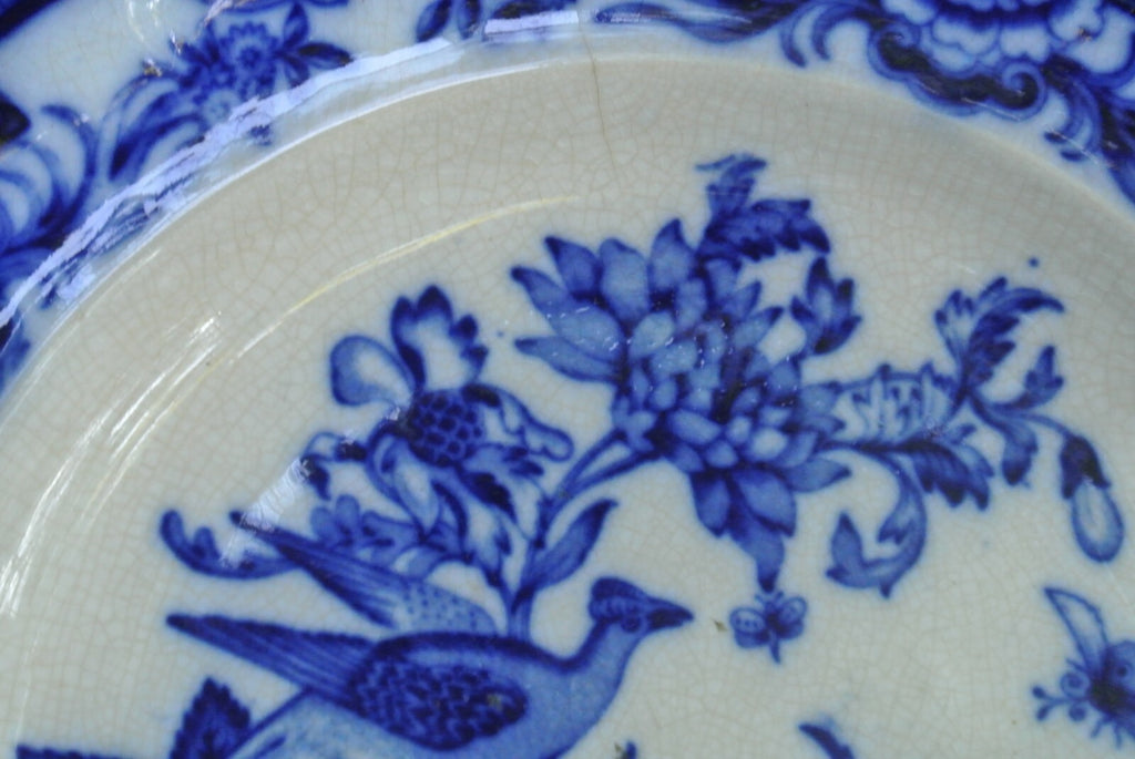 Antique Flow Blue Pheasant 'Prussian' Shape  Mark A. Bro Soup Plate