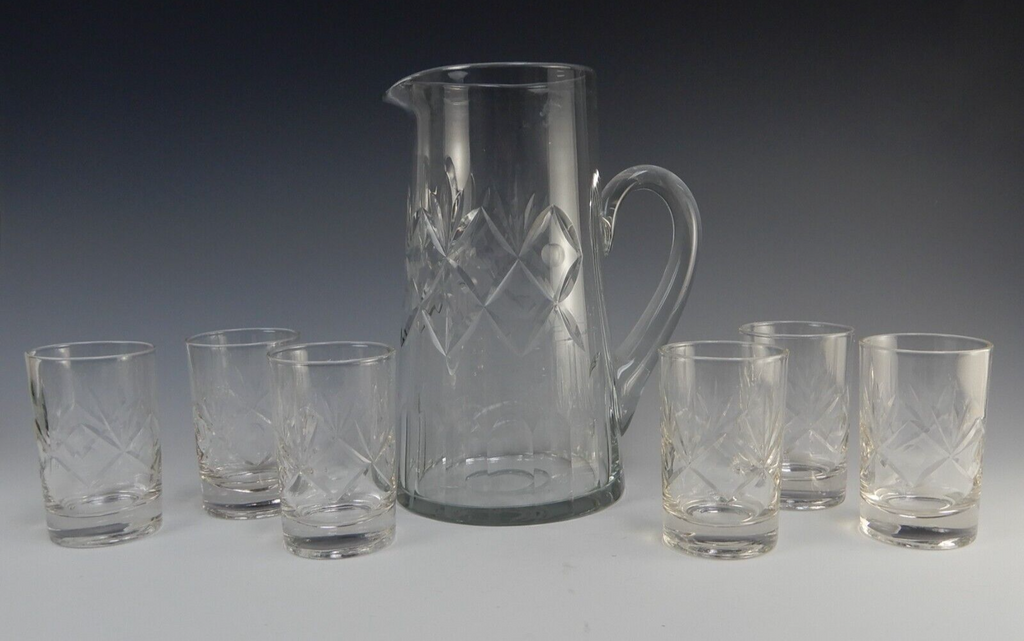 Vintage Clear Glass Set of Pitcher and 6 Juice Glasses