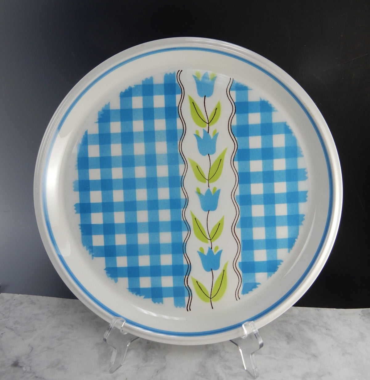 Vtge Mikasa Country Gingham Denim Serving Bowl,Creamer,Sugar Bowl,Round Platter