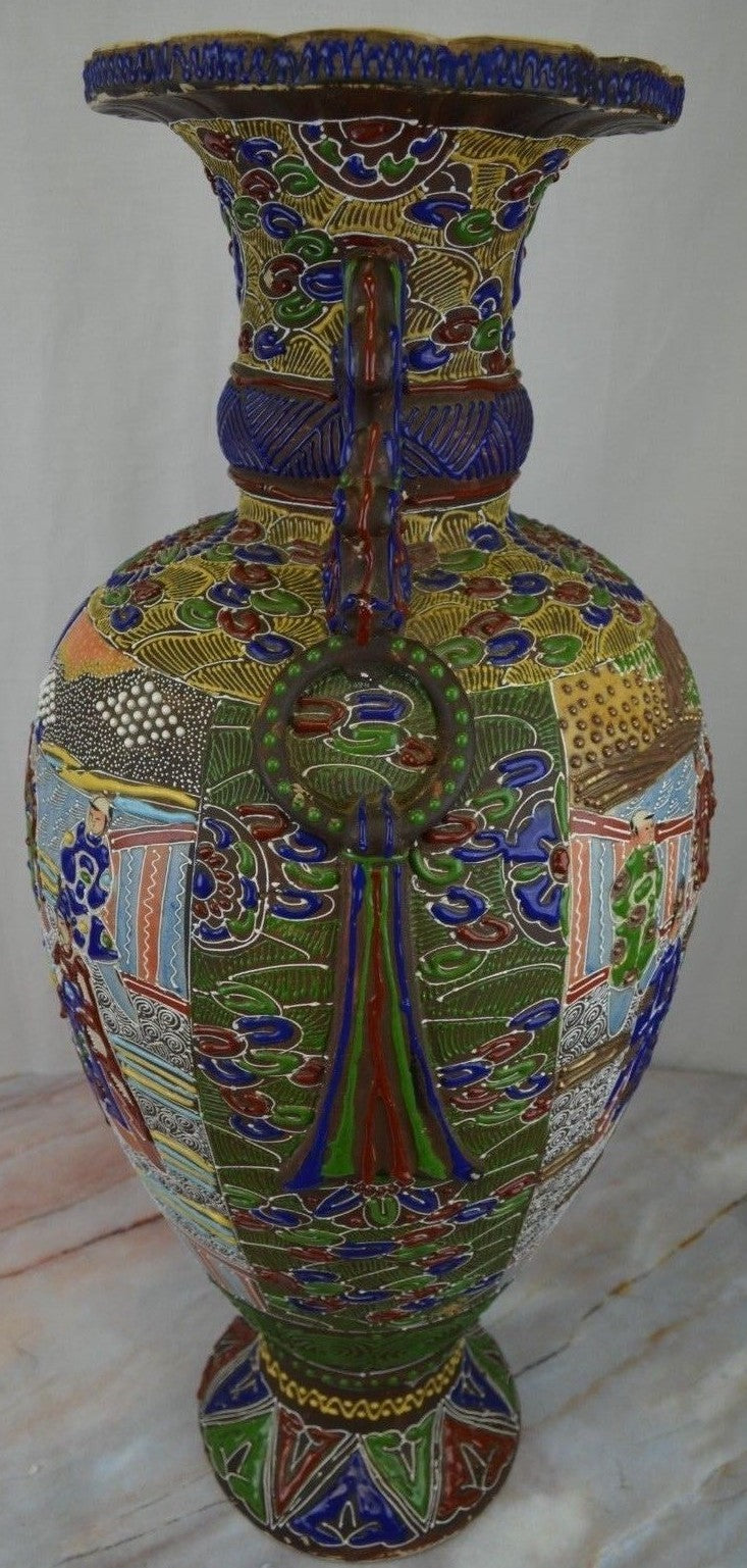 Antique c. Meiji Japanese Moriage Satsuma Detail Handpainted Vase,25" Tall