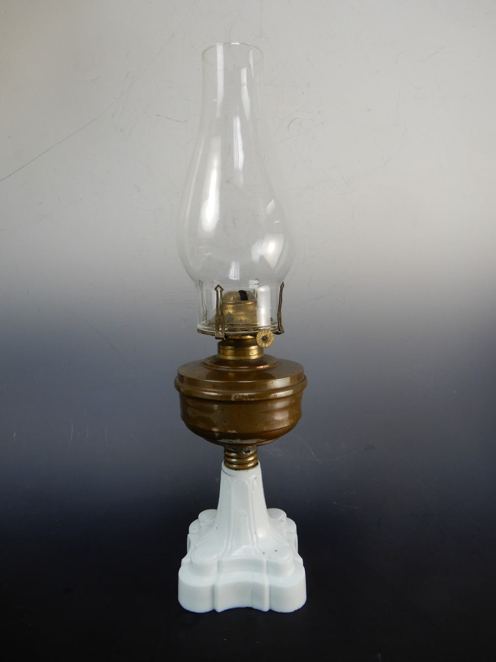 MFG Co No. 1 Queen Ann Burner White Milk Glass Base Oil Lamp