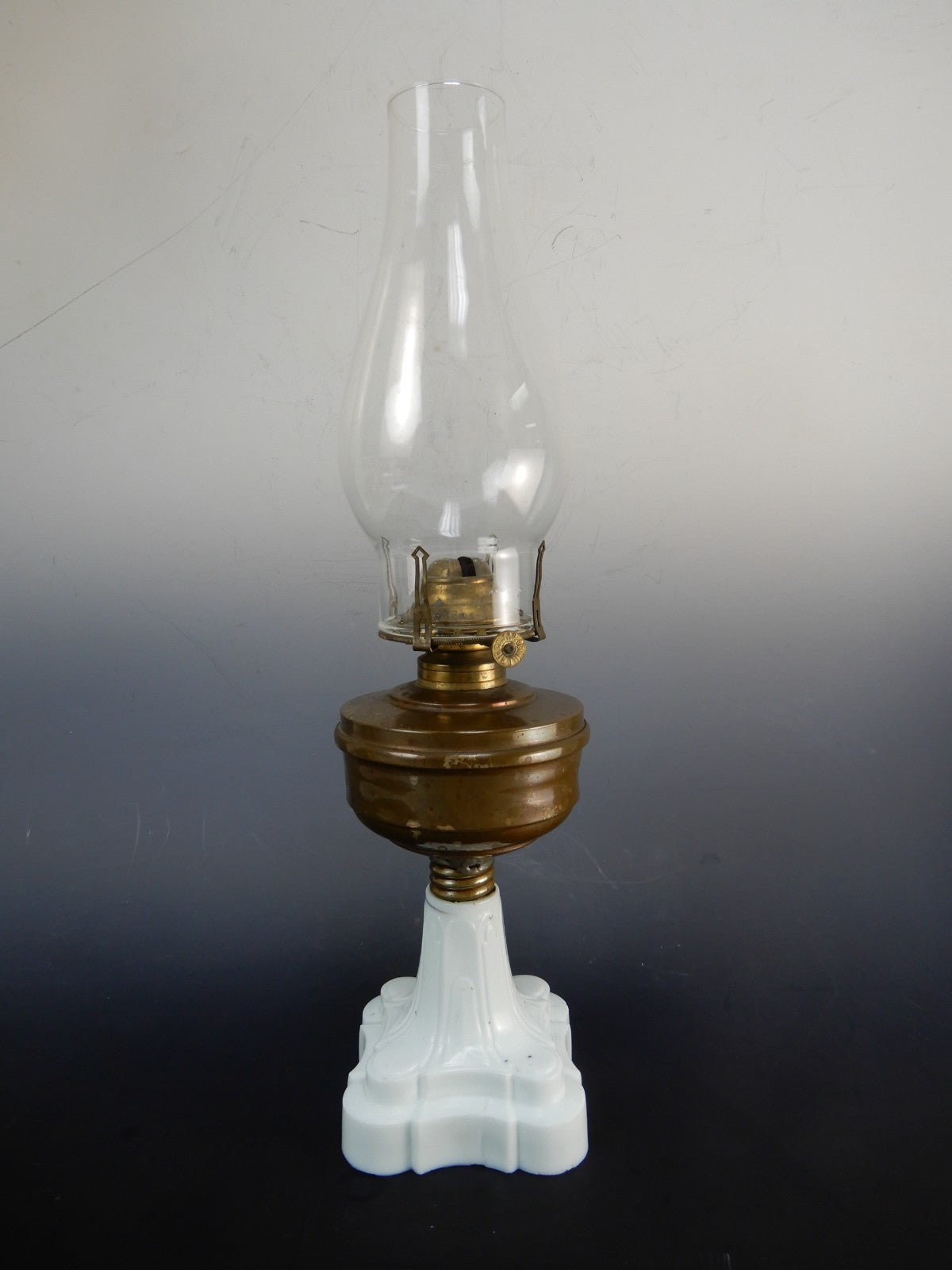 MFG Co No. 1 Queen Ann Burner White Milk Glass Base Oil Lamp