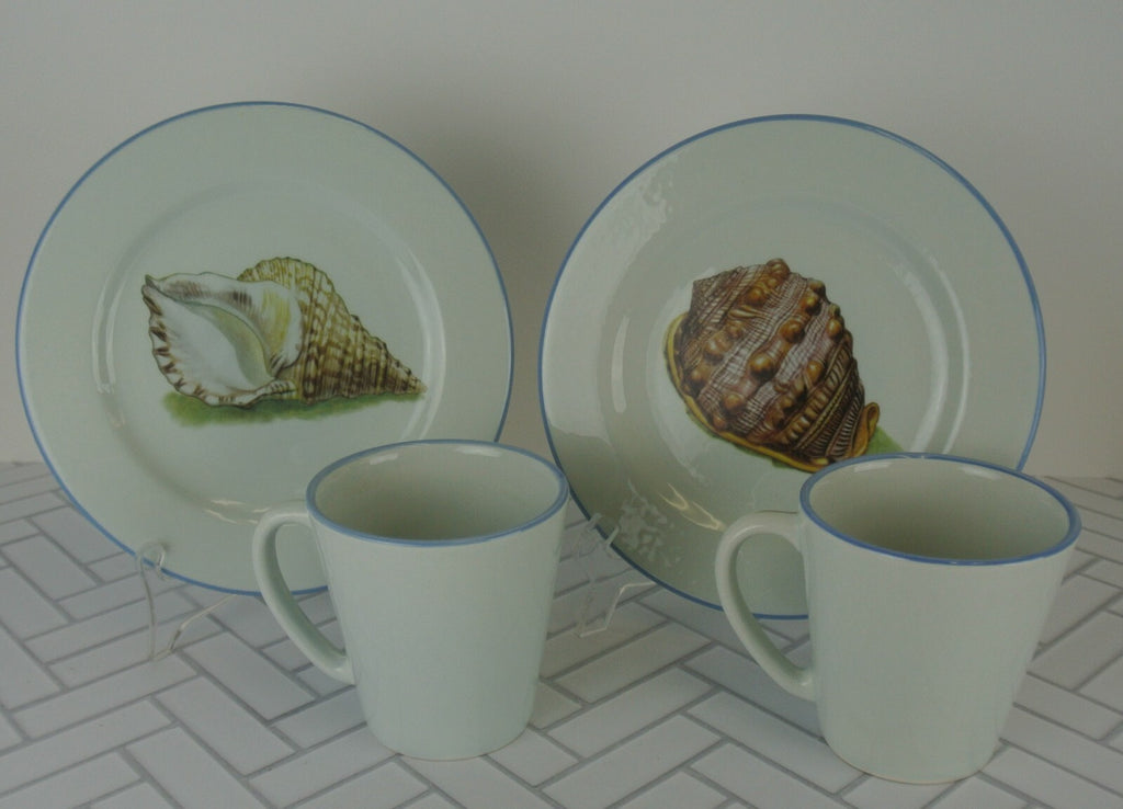 Set of 2 Sea Shell Dinnerware Two Plates, Two Mugs Made in Italy "A"