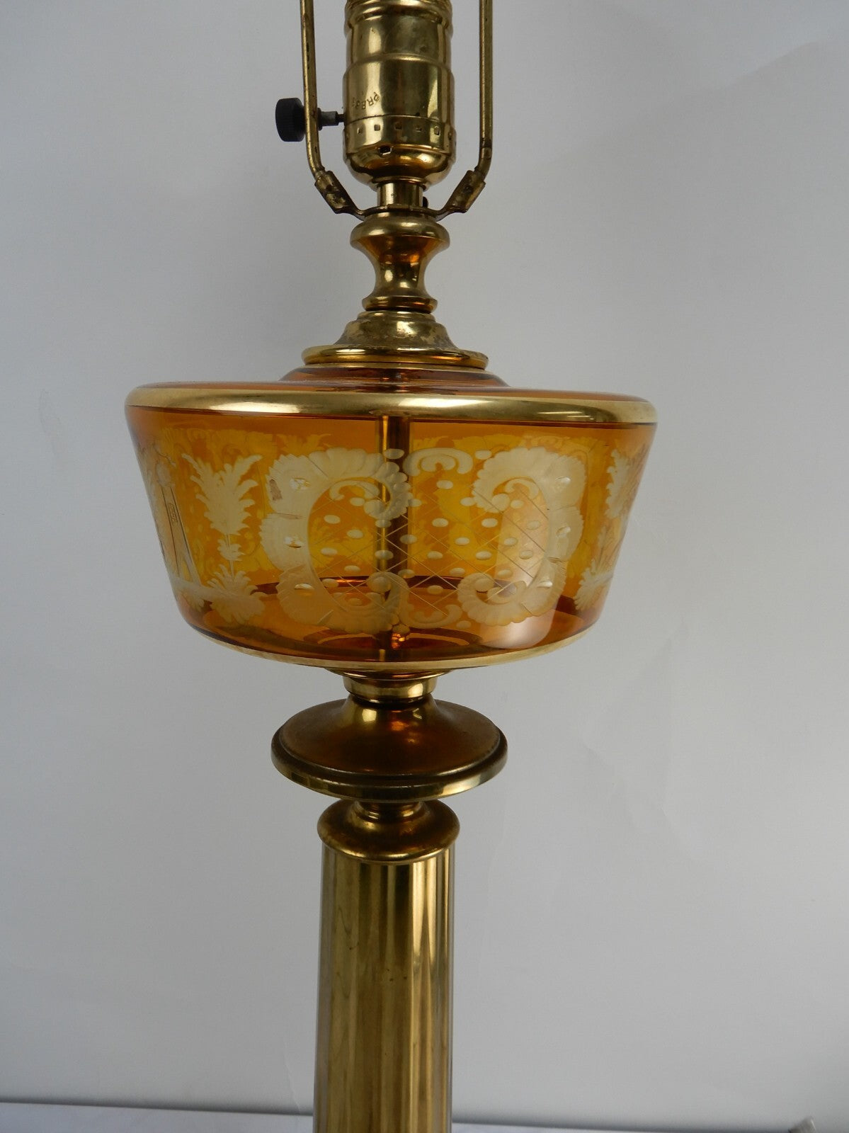 Vintage Czech Bohemian Amber Glass Etched W/ Brass Pilar Table Lamp Marble Base