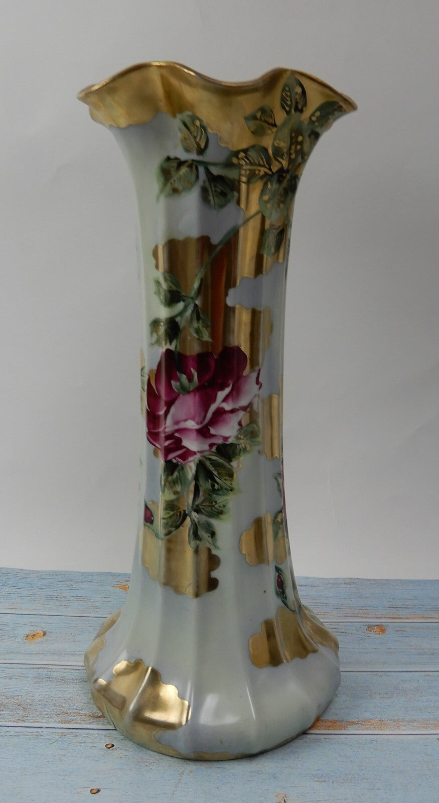 Vtge 15" Tall with Pink Roses and Gold Flute Shape Porcelain Vase No Manufacture