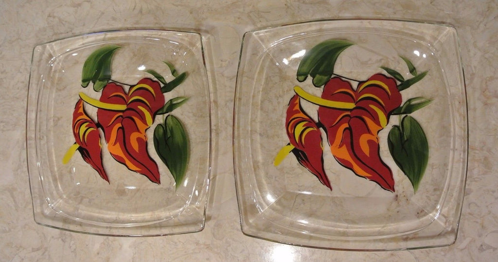 2 Set Vintage 1950s Hazel Atlas Gay Fad Design 8" Square Luncheon Red Flowers