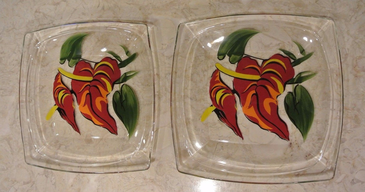 2 Set Vintage 1950s Hazel Atlas Gay Fad Design 8" Square Luncheon Red Flowers
