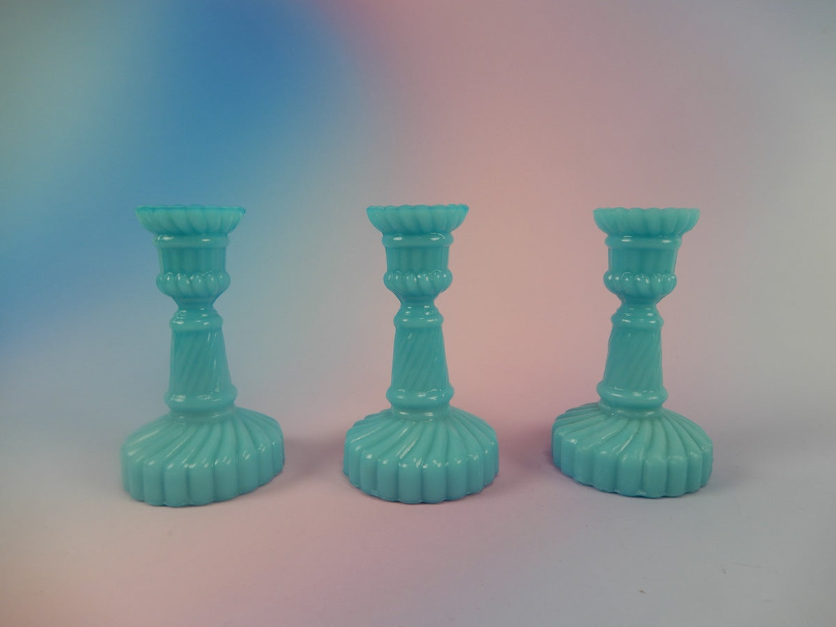 3 Small Portieux Vallerysthal Opaline Blue Milk Glass Candle Holders 3-1/2" H