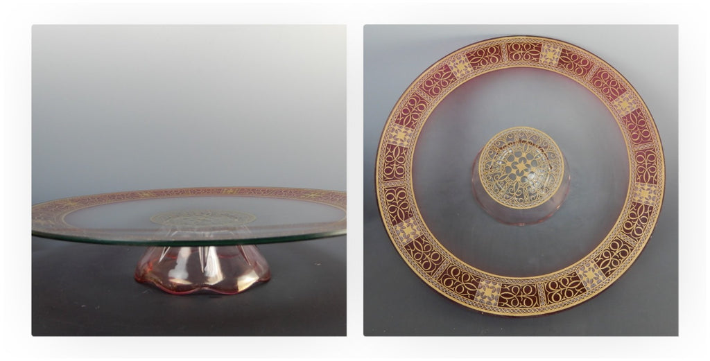 Vintage Glass Red and Gold Cake Stand ,Center Piece 11-1/2" Diameter
