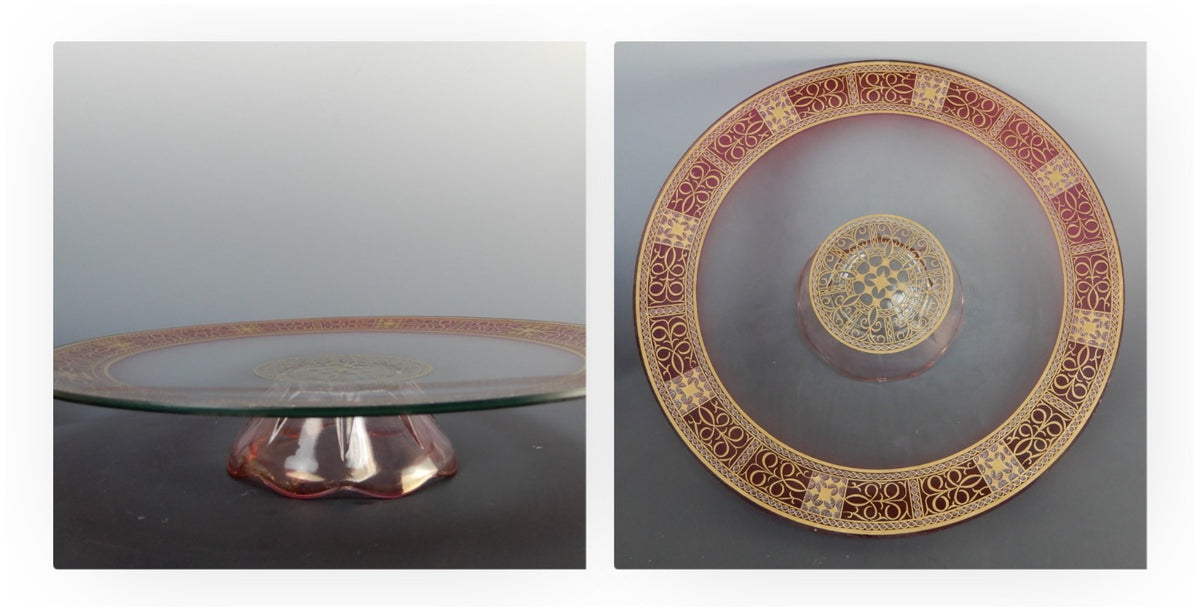 Vintage Glass Red and Gold Cake Stand ,Center Piece 11-1/2" Diameter