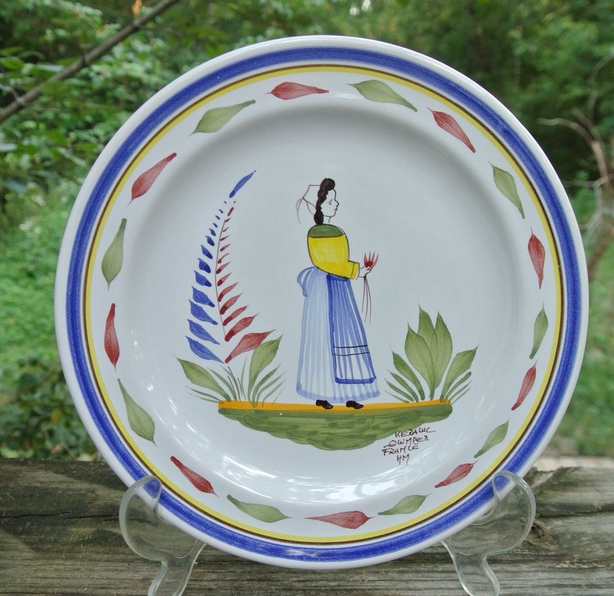 Keraluc Quimper France 8-1/2" Plate Traditional Woman Hand Painted Pottery