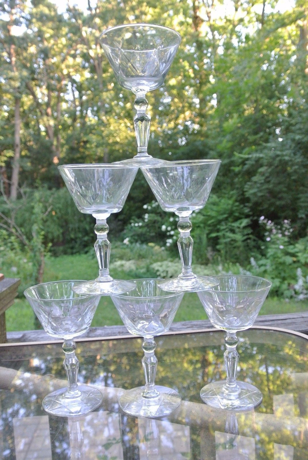 6 CLEAR CRYSTAL Champagne Sherbet glasses w/ THUMBPRINT AND CRISS CROSS DESIGNS
