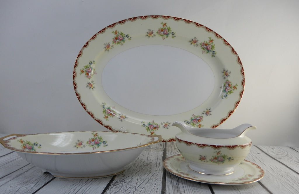 Set of 3 Pc. Meito China Floral Japan Platter,Serving Bowl,Gravy Bowl WITH CHIPS