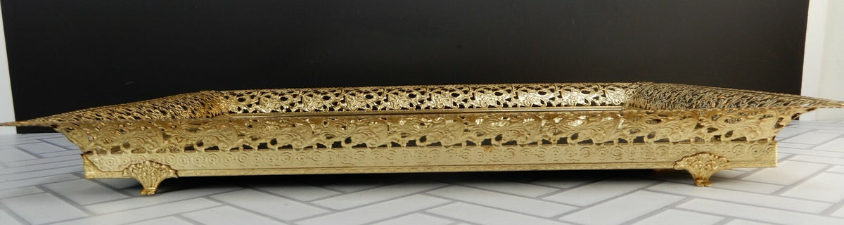 Vintage Mirrored Vanity Tray Filigree Brass Edge 16-1/2"