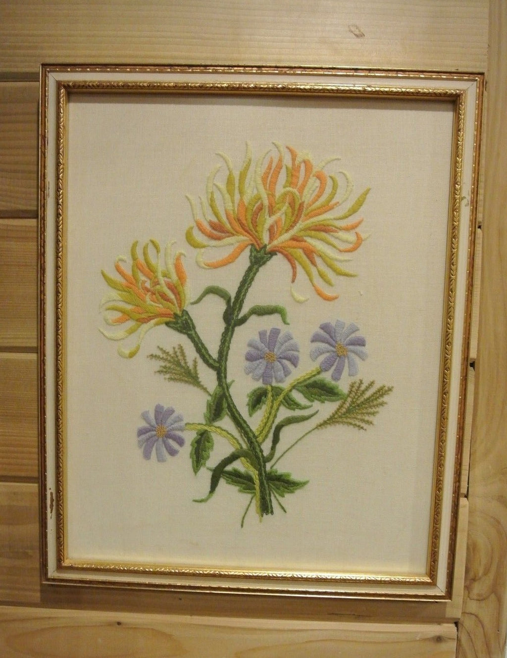 Vintage Needle Work Frame with Yellow and Lavender Flowers ~Non Glare Glass~