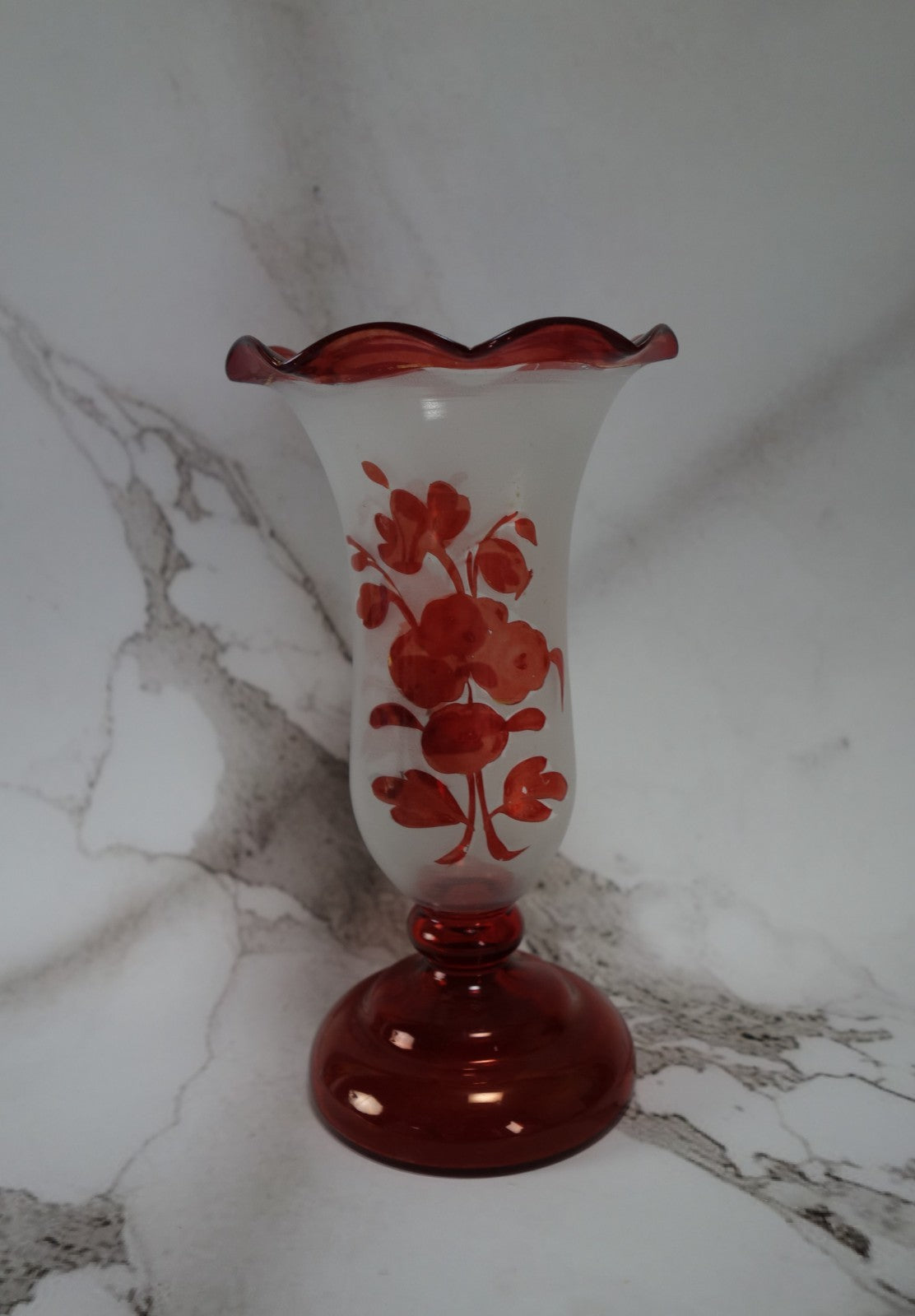 Vintage Bohemian Czech Ruby Red flashed Hand Blown Art Glass 7-1/2” Vase