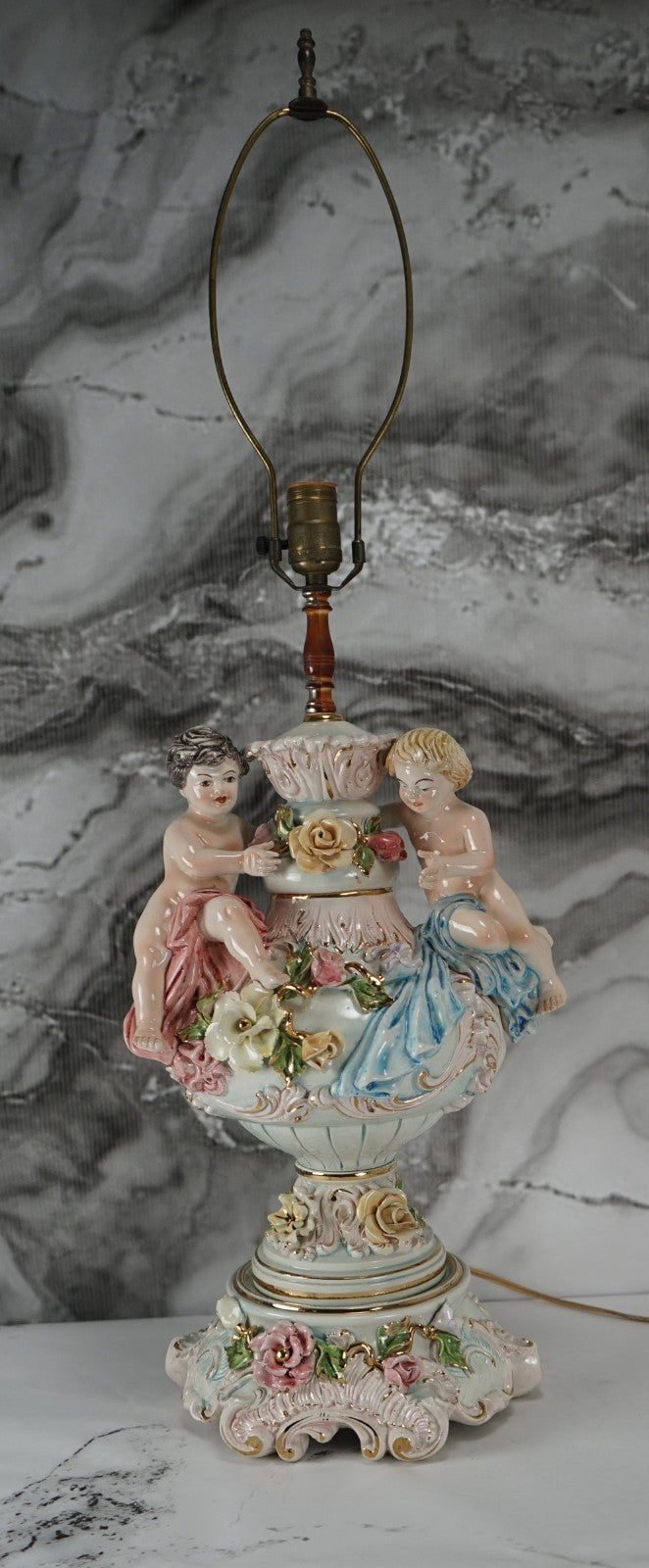 Vintage Porcelain Floral Capodimonte 3 way Light Italian Table Lamp w/Cherubs