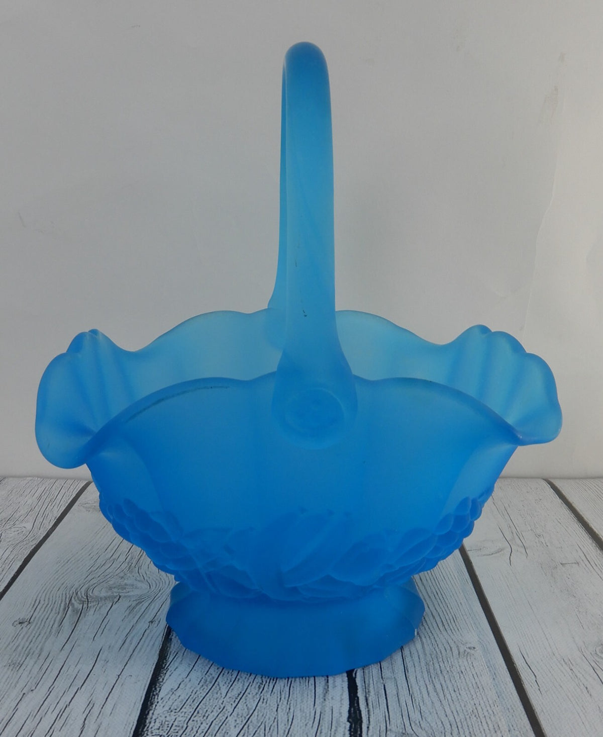 Vintage Fenton Blue Satin Glass Fruit Basket with Handle, 11-1/2” x 8” x 8-1/2”