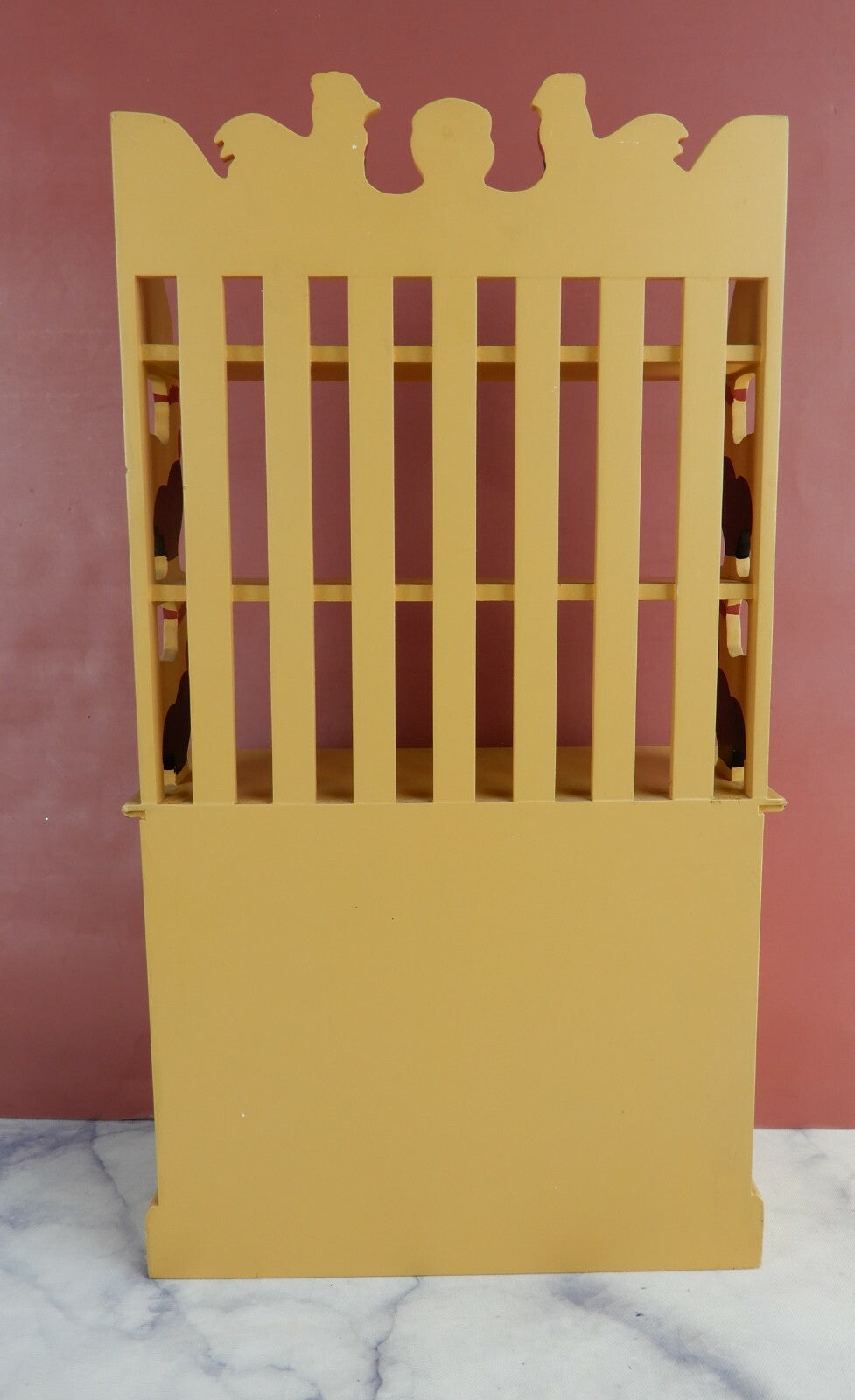 Vtge Small Wood Toy Plate Rack with 2 Shelves,2 Doors Hand Painted w/ Chickens