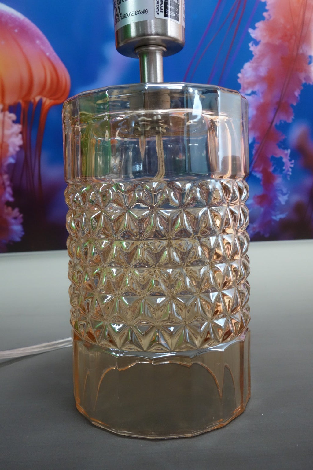 Diamond Point Glass Cylindrical Amber Color Accent Table Lamp with Fabric Shade