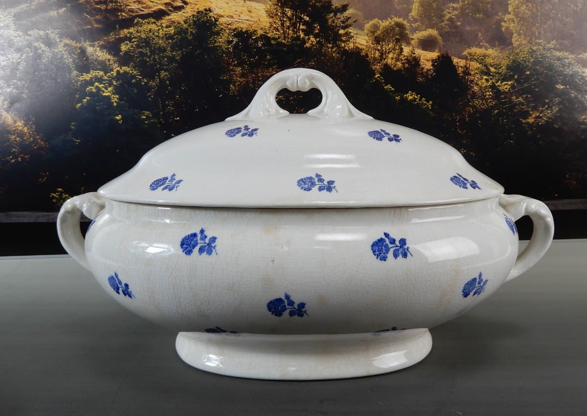 Antique GEFLE Porcelain Soup Tureen, Blue Rose Motif, Swedish Transferware