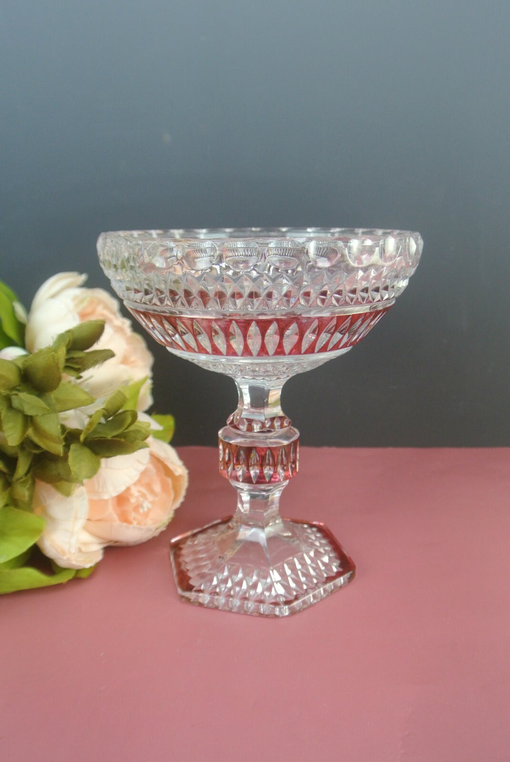 Vintage Diamond Crystal Compote W/ Painted Red Accents