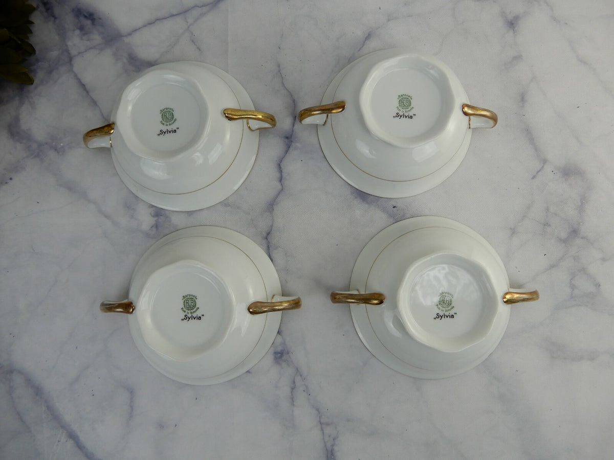 4 Baronet "Silvia" Made in Bohemia Czechoslovakia Soup Cups & Saucers