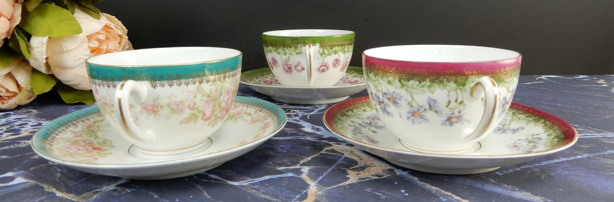Set of 3 Cups and Saucers with Flowers Made in Austria (Eagle Flying Mark)