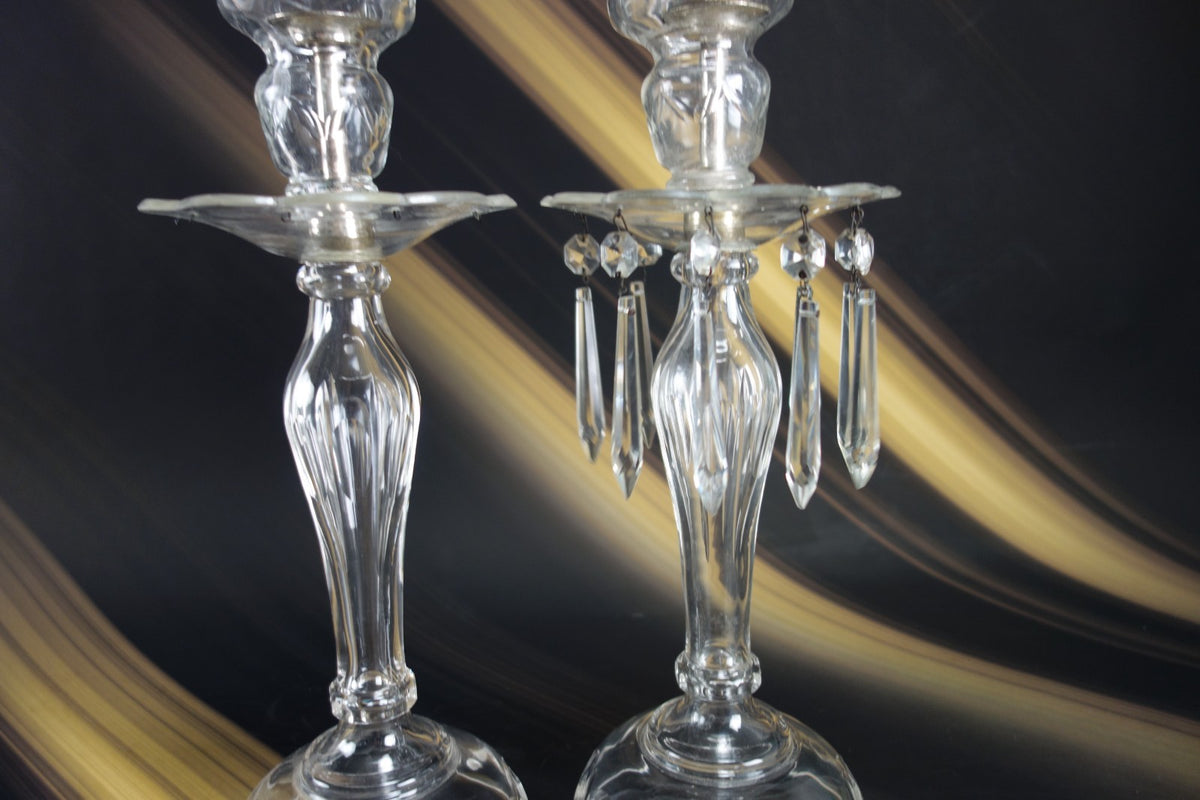 2 Glass Table Lamps /Candle Holders One W/ Hanging Crystals For parts or Repair