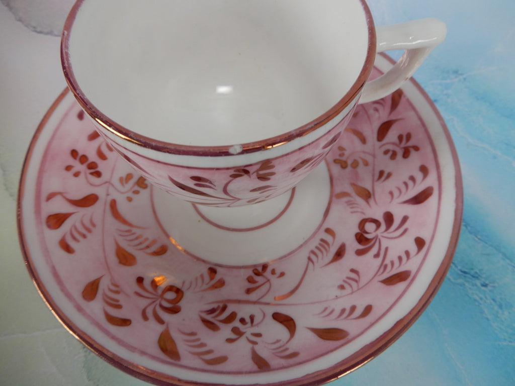 Set of 3~1800s Staffordshire Pink Luster Cups and Saucers: Sunderland Lusterware